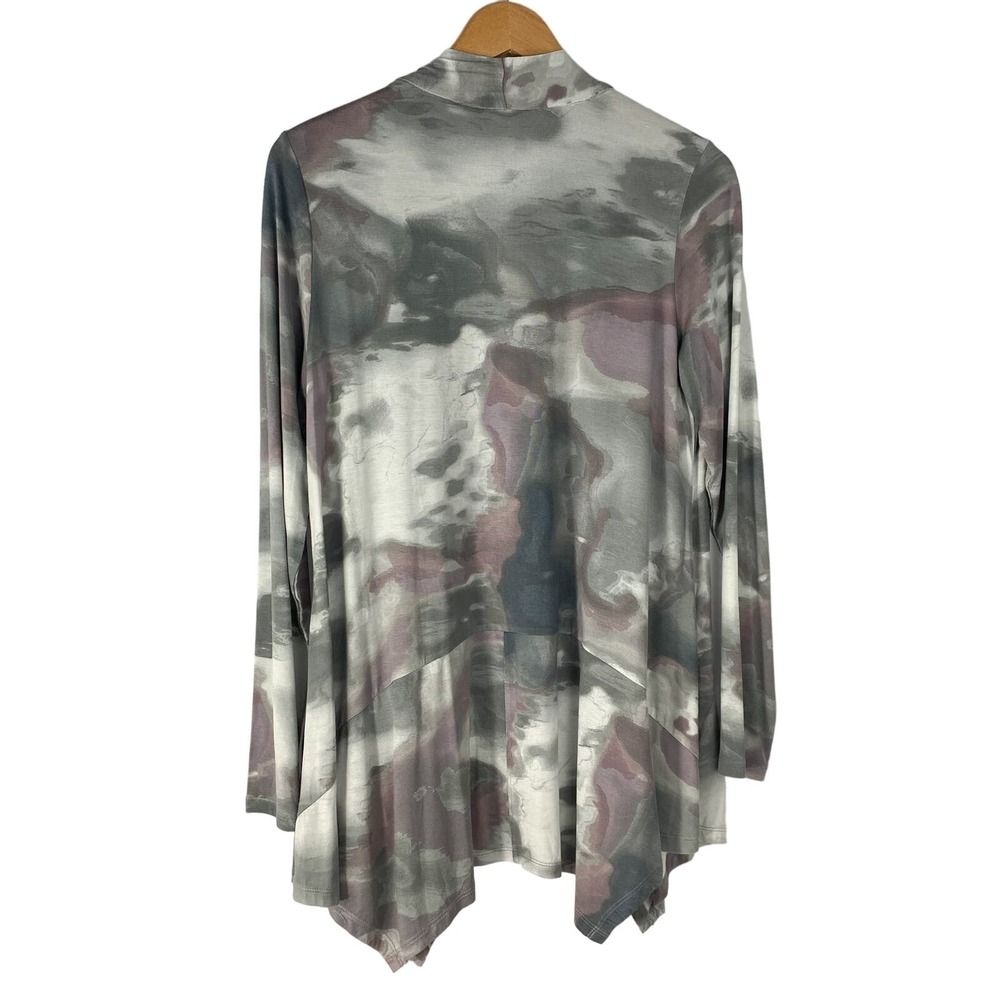 LOGO by Lori Goldstein Boho Watercolor Open Front Pocket Cardigan Women S Gray - Picture 3 of 7